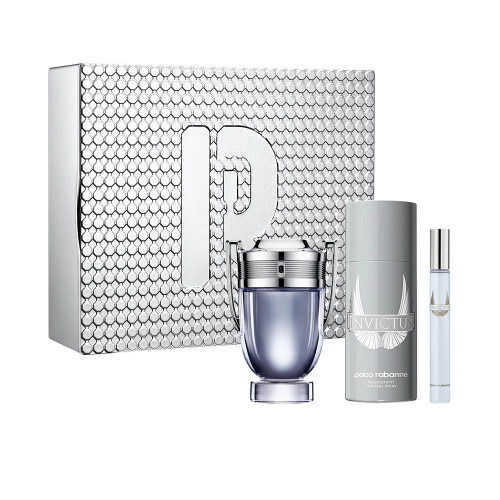 PACO RABANNE INVICTUS 3 PCS SET FOR MEN: 3.3 EAU DE TOILETTE SPRAY + 5 OZ DEODORANT SPRAY + 0.33 EAU DE TOILETTE SPRAY PACO RABANNE INVICTUS 3 PCS SET FOR MEN: 3.3 EAU DE TOILETTE SPRAY + 5 OZ DEODORANT SPRAY + 0.33 EAU DE TOILETTE SPRAY