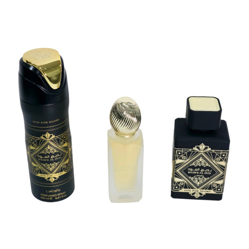 LATTAFA BADE'E AL OUD FOR GLORY 3 PCS SET: 3.4 EAU DE PARFUM SPRAY + 6.7 PERFUMED SPRAY + 1.7 HAIR MIST LATTAFA BADE'E AL OUD FOR GLORY 3 PCS SET: 3.4 EAU DE PARFUM SPRAY + 6.7 PERFUMED SPRAY + 1.7 HAIR MIST