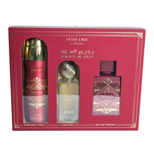 LATTAFA BADE'E AL OUD SUBLIME 3 PCS SET FOR MEN: 3.4 EAU DE PARFUM SPRAY + 1.7 HAIR MIST + 6.7 PERFUMED BODY SPRAY
