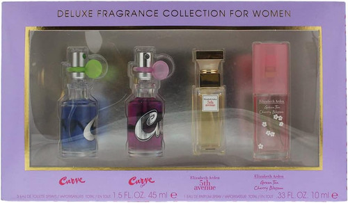 ELIZABETH ARDEN 4 PCS SET FOR WOMEN: CURVE 0.5 EAU DE TOILETTE SPRAY + CURVE CRUSH 0.5 EAU DE TOILETTE SPRAY + GREEN TEA CHERRY BLOSSOM 0.5 EAU DE TOILETTE SPRAY + FIFTH AVENUE 0.33 EAU DE PARFUM SPRAY