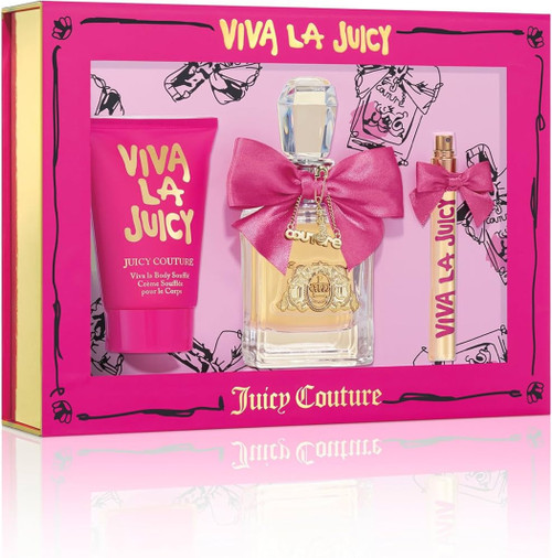 VIVA LA JUICY 3 PCS SET FOR WOMEN: 3.4 EAU DE PARFUM SPRAY + 0.33 EAU DE PARFUM SPRAY + 4.2 BODY SOUFFLE.
