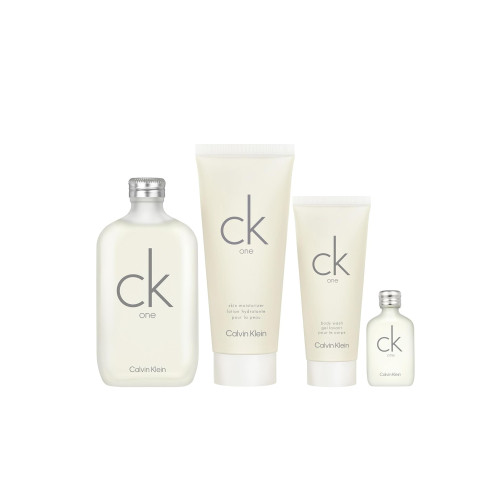 CK ONE 4 PCS SET FOR MEN: 6.7 EAU DE TOILETTE SPRAY + 15 ML EAU DE TOILETTE MINI + 6.7 SKIN MOISTURIZER + 3.3 BODY WASH