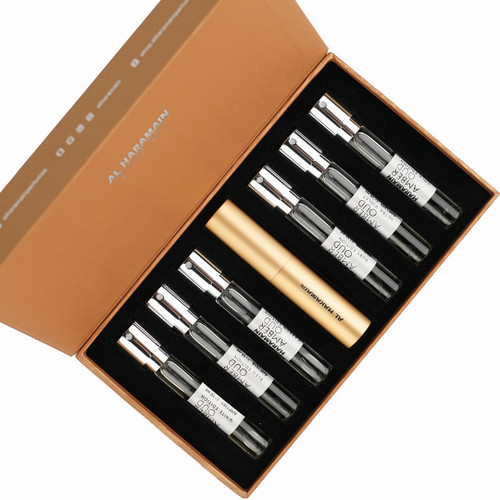 AL HARAMAIN AMBER OUD 7 * 0.34 EAU DE PARFUM SPRAY SET : GOLD EDITION + ULTRA VIOLET + RUBY EDITION + CARBON EDITION + BLEU EDITION + WHITE EDITION + SPRAY CASE