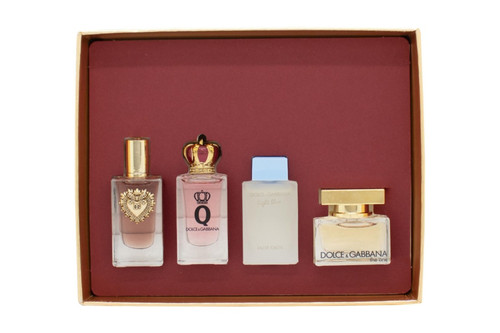 DOLCE & GABBANA 4 PCS MINI SET FOR WOMEN: DEVOTION 5 ML EAU DE PARFUM + "Q" 5 ML EAU DE PARFUM + LIGHT BLUE 4.5 ML EAU DE TOILETTE + THE ONE 5 ML EAU DE PARFUM (HARD)