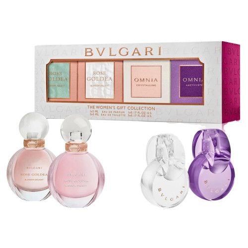 BVLGARI 4 PCS MINI SET FOR WOMEN: ROSE GOLDEA BLOSSOM DELIGHT 5 ML EAU DE TOILETTE + ROSE GOLDEA BLOSSOM DELIGHT 5 ML EAU DE PARFUM + OMNIA CRYSTALLINE 5 ML EAU DE TOILETTE + OMNIA AMETHYSTE 5 ML EAU DE TOILETTE BVLGARI 4 PCS MINI SET FOR WOMEN: ROSE GOLDEA BLOSSOM DELIGHT 5 ML EAU DE TOILETTE + ROSE GOLDEA BLOSSOM DELIGHT 5 ML EAU DE PARFUM + OMNIA CRYSTALLINE 5 ML EAU DE TOILETTE + OMNIA AMETHYSTE 5 ML EAU DE TOILETTE