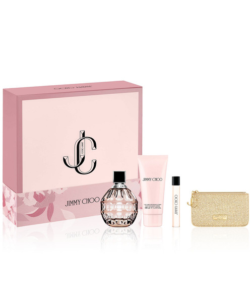 JIMMY CHOO 4 PCS SET FOR WOMEN: 3.3 EAU DE PARFUM SPRAY + 0.25 EAU DE PARFUM SPRAY + 3.3 BODY LOTION + POUCH
