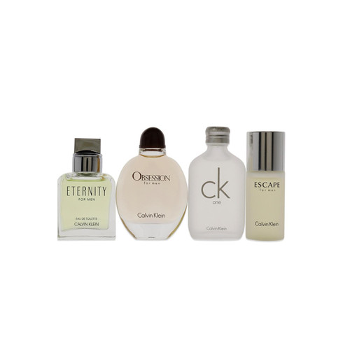 CALVIN KLEIN 4 PCS MINI SET FOR MEN: ETERNITY 0.5 OZ EAU DE TOILETTE + OBSESSION 0.5 OZ EAU DE TOILETTE + ESCAPE 0.5 OZ EAU DE TOILETTE + CK ONE 0.5 OZ EAU DE TOILETTE