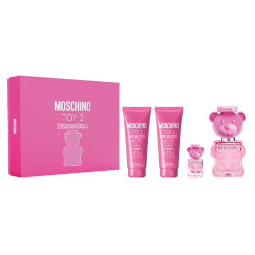 MOSCHINO TOY 2 BUBBLE GUM 4 PCS SET FOR WOMEN: 3.4 EAU DE TOILETTE SPRAY + 0.3 EAU DE TOILETTE SPRAY + 3.4 BODY LOTION + 3.4 SHOWER GEL