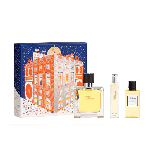 HERMES TERRE D'HERMES PURE PERFUME 3 PCS SET FOR MEN: 2.5 PARFUM SPRAY + 0.5 OZ PARFUM SPRAY + 1.35 HAIR AND BODY SHOWER GEL