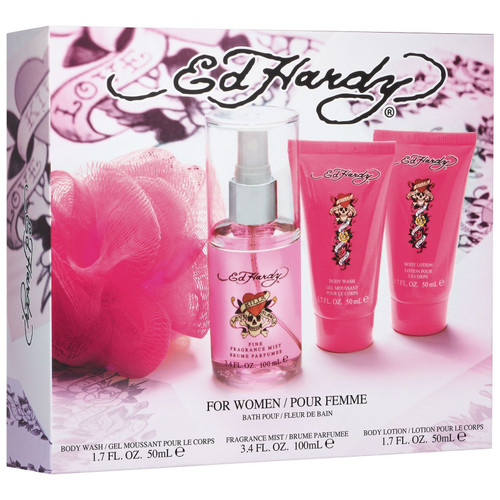 ED HARDY 4 PCS SET FOR WOMEN: 3.4 FRAGRANCE MIST + 1.7 BODY WASH + 1.7 BODY LOTION + BATH POUF