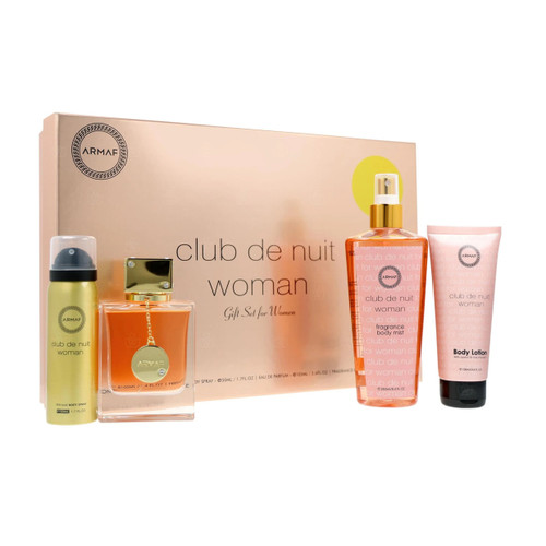 ARMAF CLUB DE NUIT 4 PCS SET FOR WOMEN: 3.6 EAU DE PARFUM SPRAY + 1.7 BODY SPRAY + 3.4 BODY LOTION + 8.4 BODY MIST