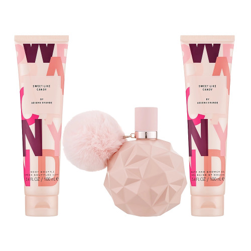 ARIANA GRANDE SWEET LIKE CANDY 3 PCS SET FOR WOMEN: 3.4 EAU DE PARFUM SPRAY + 3.4 BATH AND SHOWER GEL + 3.4 BODY SOUFFLE