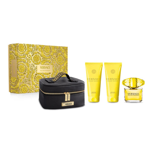 VERSACE YELLOW DIAMOND 4 PCS SET FOR WOMEN: 3 OZ EAU DE TOILETTE SPRAY + 3.4 BODY LOTION + 3.4 SHOWER GEL + SMALL BEAUTY CASE