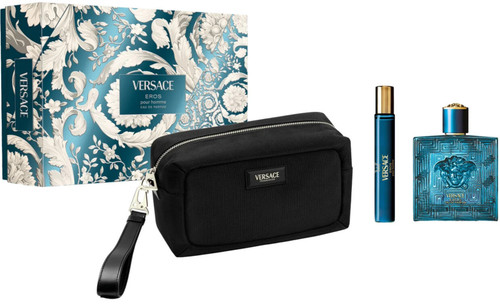 VERSACE EROS 3 PCS SET FOR MEN: 3.4 EAU DE PARFUM SPRAY + 0.3 EAU DE PARFUM SPRAY + POUCH