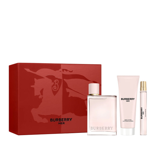 BURBERRY HER 3 PCS SET: 3.3 EAU DE PARFUM SPRAY + 0.33 EAU DE PARFUM SPRAY + 2.5 BODY LOTION.