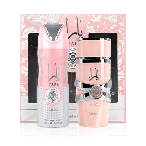 LATTAFA YARA 2 PCS SET FOR WOMEN: 3.4 EAU DE PARFUM SPRAY + 6.67 PERFUMED SPRAY