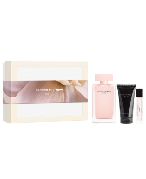 NARCISO RODRIGUEZ FOR HER 3 PCS SET: 3.3 EAU DE PARFUM SPRAY + 0.33 EAU DE PARFUM SPRAY + 1.6 BODY LOTION.