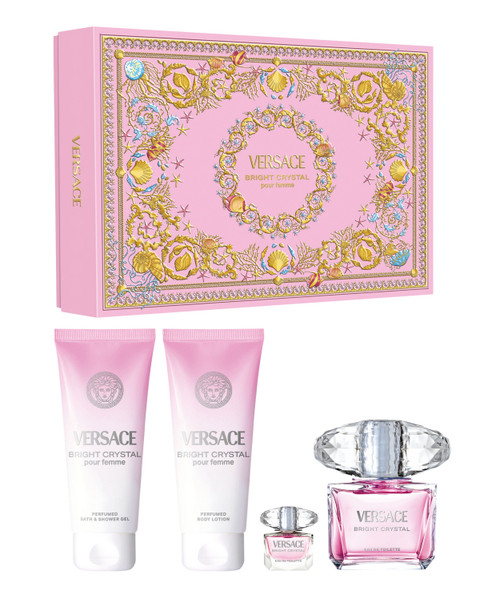 VERSACE BRIGHT CRYSTAL 4 PCS SET: 3 OZ EAU DE TOILETTE SPRAY + 5 ML EAU DE TOILETTE MINI + 3.4 BODY LOTION + 3.4 BATH & SHOWER GEL