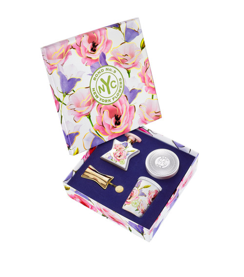 BOND NO. 9 NEW YORK FLOWERS 4 PCS SET FOR WOMEN: 1.7 EAU DE PARFUM SPRAY + 6.8 BODY SILK + 2.82 CANDLE + 0.11 REFILLABLE LIPSTICK