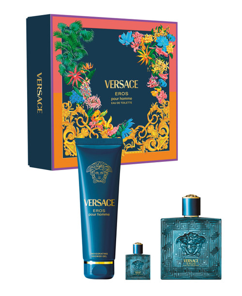 VERSACE EROS 3 PCS SET FOR MEN: 3.4 EAU DE TOILETTE SPRAY + 5 ML EAU DE TOILETTE MINI + 5 OZ SHOWER GEL.