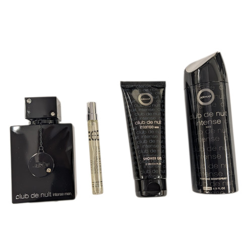 ARMAF CLUB DE NUIT INTENSE 4 PCS SET FOR MEN: 3.6 EAU DE TOILETTE SPRAY + 0.34 EAU DE TOILETTE SPRAY + 3.4 SHOWER GEL + 6.8 BODY SPRAY
