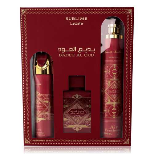 LATTAFA BADE'E AL OUD SUBLIME 3 PCS SET FOR MEN: 3.4 EAU DE PARFUM SPRAY + 6.67 PERFUMED SPRAY + 10 OZ AIR FRESEHENER