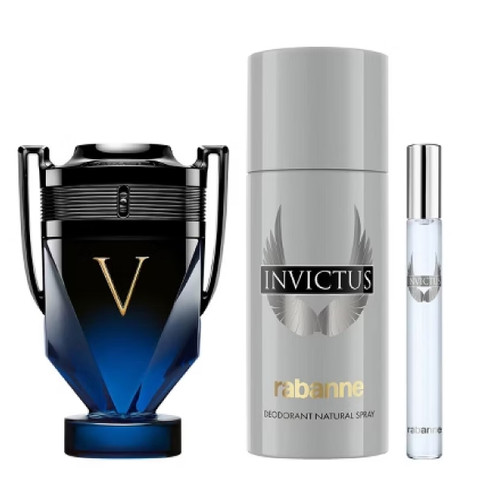 PACO RABANNE INVICTUS VICTORY ELIXIR 3 PCS SET FOR MEN: 3.4 EAU DE TOILETTE SPRAY + 5 OZ DEODORANT SPRAY + 0.33 EAU DE TOILETTE TRAVEL SPRAY