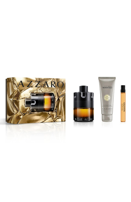 AZZARO THE MOST WANTED 3 PCS SET FOR MEN: 3.4 PARFUM SPRAY + 2.5 HAIR & BODY WASH + 0.34 PARFUM TRAVEL SPRAY