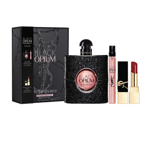 YSL BLACK OPIUM 3 PCS SET FOR WOMEN: 3 OZ EAU DE PARFUM SPRAY + 0.34 EAU DE PARFUM TRAVEL SPRAY + MINIATURE LIPSTICK