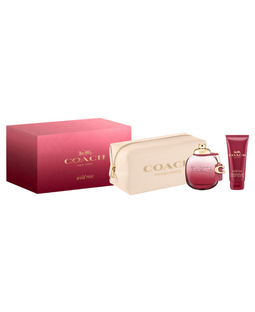 COACH WILD ROSE 3 PCS SET FOR WOMEN: 3 OZ EAU DE PARFUM SPRAY + 3.3 BODY LOTION + POUCH.