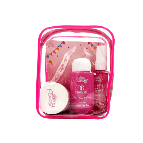 AMOUR DE CARNAVAL 05 TROPICAL BLISS 4 PCS SET FOR WOMEN: 1.3 BODY MIST + 1.6 BODY LOTION + 3 OZ BODY WASH + COSMETIC BAG