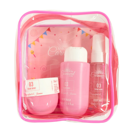 AMOUR DE CARNAVAL 03 SUGAR BERRY 4 PCS SET FOR WOMEN: 1.3 BODY MIST + 1.7 BODY LOTION + 3 OZ BODY WASH + COSMETIC BAG