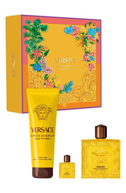 VERSACE EROS ENERGY 3 PCS SET FOR MEN: 3.4 EAU DE PARFUM SPRAY + 5 ML EAU DE PARFUM MINI + 5 OZ PERFUMED BATH & SHOWER GEL