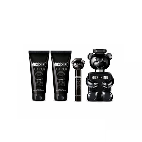 MOSCHINO TOY BOY 2 4 PCS SET: 3.4 EAU DE PARFUM SPRAY + 0.34 EAU DE PARFUM SPRAY + 3.4 AFTER SHAVE BALM + 3.4 BATH & SHOWER GEL