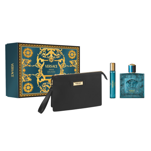 VERSACE EROS 3 PCS SET FOR MEN: 3.4 EAU DE TOILETTE SPRAY + 0.3 EAU DE TOILETTE SPRAY + POUCH.