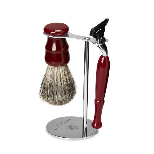 ACCA KAPPA SHAVING SET HIGH QUALITY RESIN WITH STAINLESS STEEL STAND IN VENETIAN RED: PURE BADGER SHAVING BRUSH + "MACH 3" RAZOR