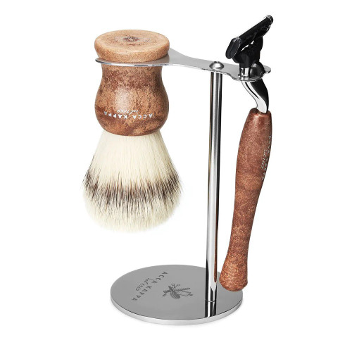 ACCA KAPPA SHAVING SET WITH STAINLESS STEEL STAND IN BROWN: SYNTHETIC SHAVING BRUSH + "MACH 3" RAZOR