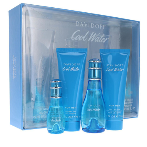 COOLWATER 4 PCS SET FOR WOMEN: 1.7 EAU DE TOILETTE SPRAY + 2.5 BODY LOTION + 2.5 SHOWER GEL + 15 ML EAU DE TOILETTE SPRAY (WINDOW BOX).