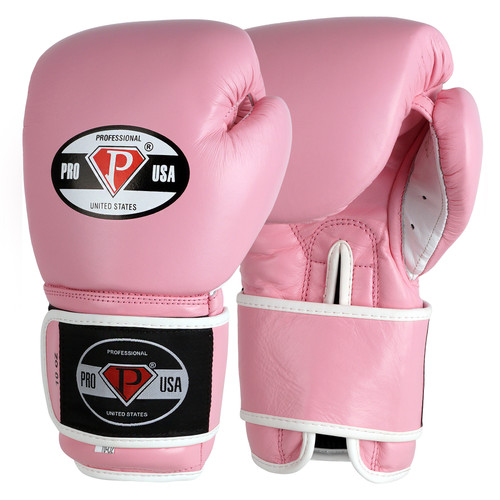 PRO USA Professional Hook-N-Loop Boxing Gloves Leather -Light Pink Great Traditional Professional Mexican design with multi-layer padding for optimal shock absorption. An added memory foam layer delivers superior coverage. Selected from the finest leathers to offer an incredibly gifted training glove. Satin nylon hard compartment liner delivers a special feel to the athlete, while alleviating water absorption into the gloves. Extra wide leather wrap around wrist strap with Hook-N-Loop closure for a firm, supportive fit. Ideal for bag workouts and sparring.