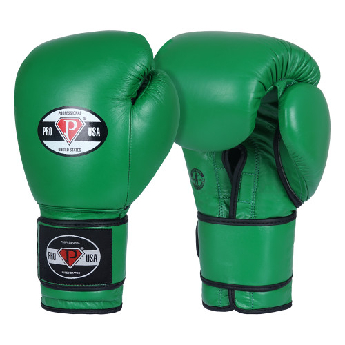 PRO USA Professional Hook-N-Loop Boxing Gloves Leather -Kelly Green Great Traditional Professional Mexican design with multi-layer padding for optimal shock absorption. An added memory foam layer delivers superior coverage. Selected from the finest leathers to offer an incredibly gifted training glove. Satin nylon hard compartment liner delivers a special feel to the athlete, while alleviating water absorption into the gloves. Extra wide leather wrap around wrist strap with Hook-N-Loop closure for a firm, supportive fit. Ideal for bag workouts and sparring.