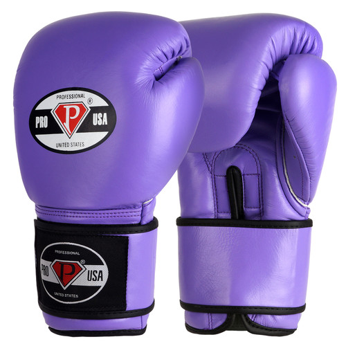 PRO USA Professional Hook-N-Loop Boxing Gloves Leather -Purple Great Traditional Professional Mexican design with multi-layer padding for optimal shock absorption. An added memory foam layer delivers superior coverage. Selected from the finest leathers to offer an incredibly gifted training glove. Satin nylon hard compartment liner delivers a special feel to the athlete, while alleviating water absorption into the gloves. Extra wide leather wrap around wrist strap with Hook-N-Loop closure for a firm, supportive fit. Ideal for bag workouts and sparring.