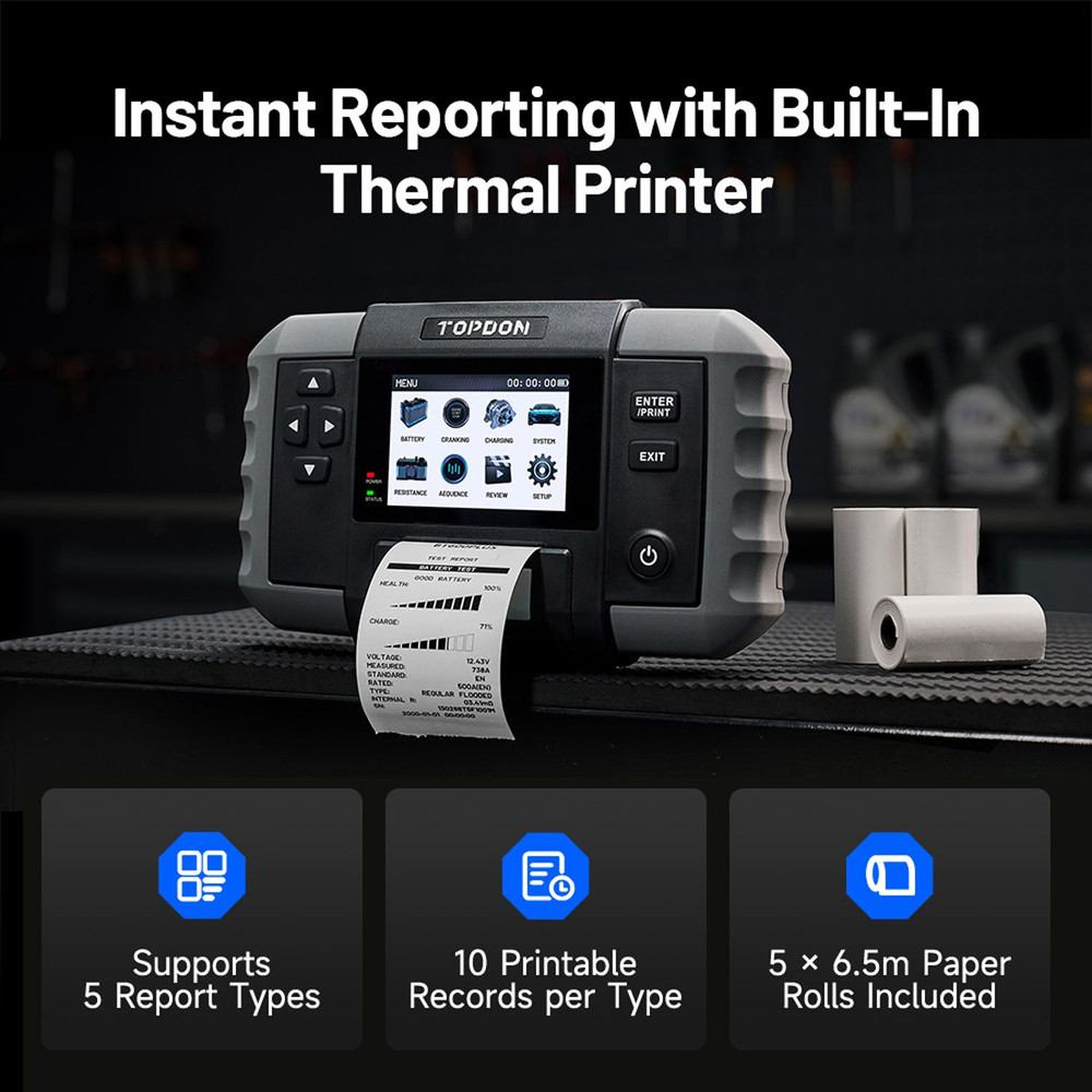 Topdon BT600 Plus thermal printer output sheet showing test results