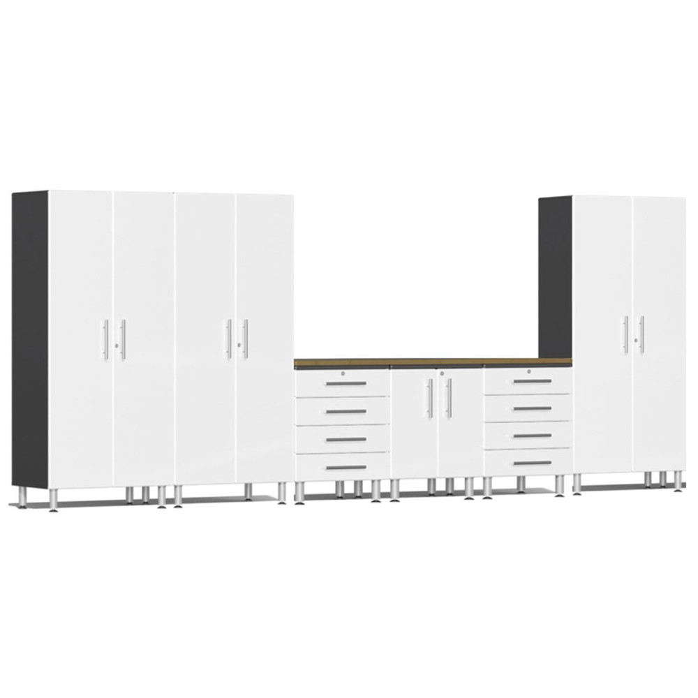 Ulti-MATE Garage 2.0 Series White Metallic 7 Piece Kit with Bamboo Top