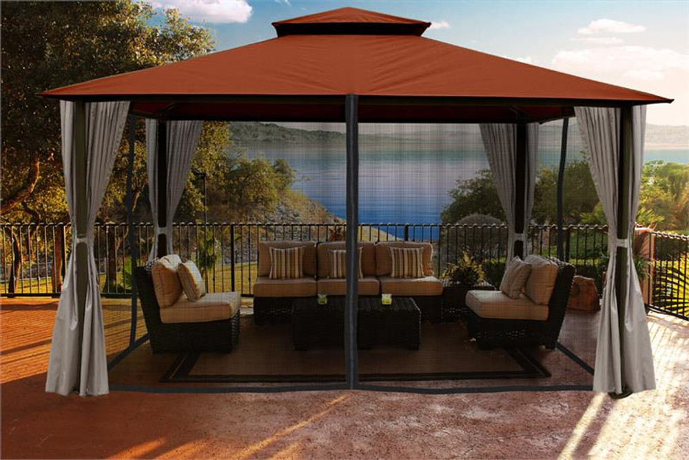 Paragon Outdoor Kingsbury 11x14 Gazebo with Rust Top, Mosquito Netting, Privacy Curtains