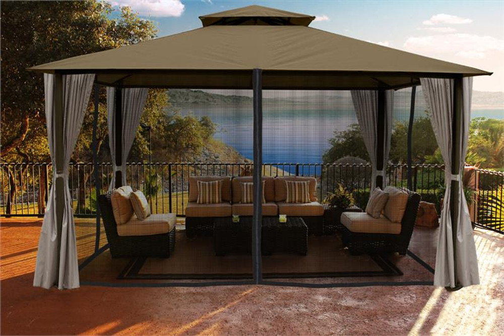 Paragon Outdoor Kingsbury 11x14 Gazebo with Sand Top, Mosquito Netting, Privacy Curtains