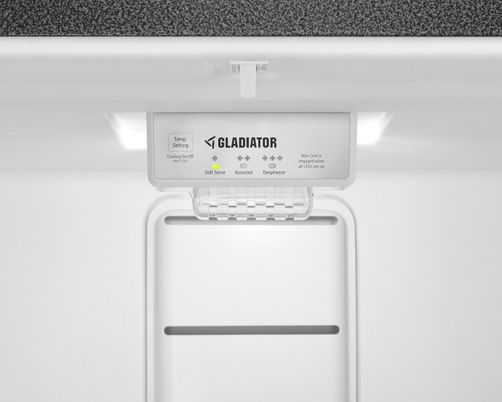 Close-up of Gladiator garage freezer control panel for adjusting temperature settings accurately