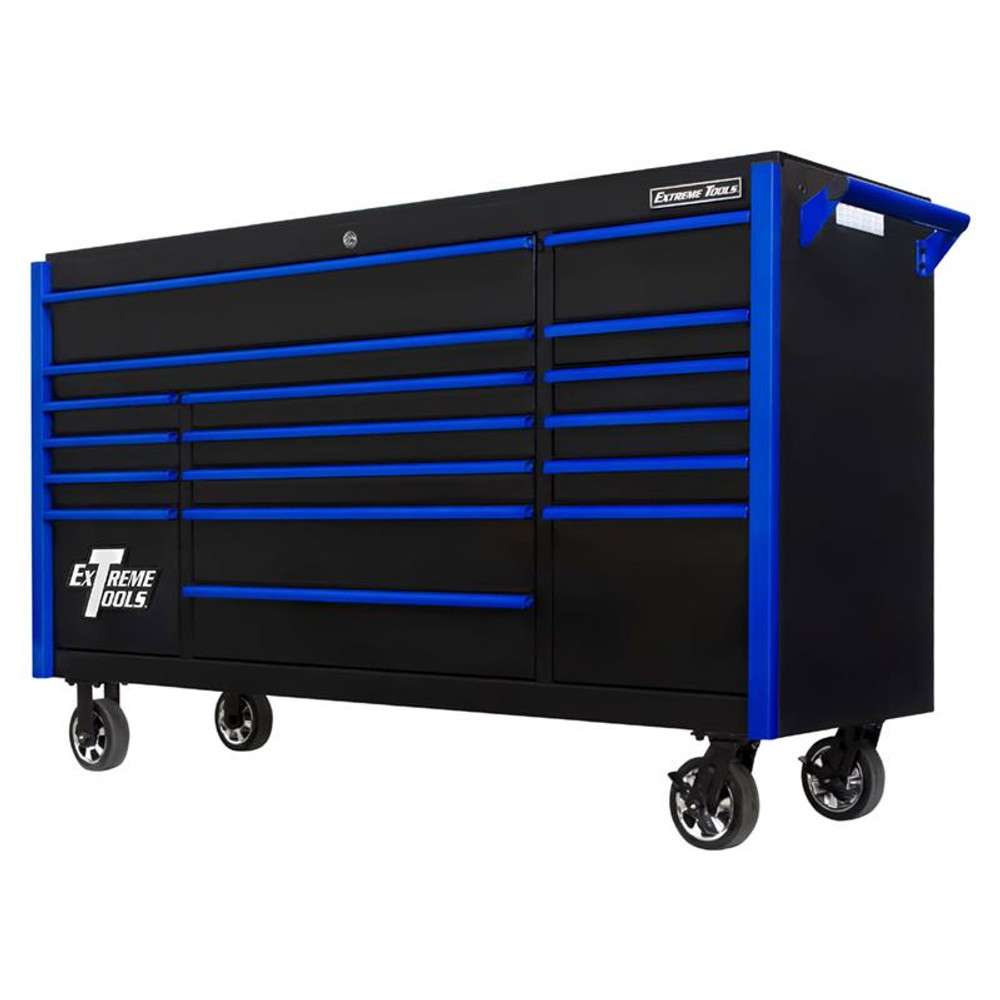 Extreme Tools 72" DX Series 17-Drawer Roller Cabinet - Black w/Blue Drawer Pulls Extreme Tools 72" DX Series 17-Drawer Roller Cabinet - Black w/Blue Drawer Pulls