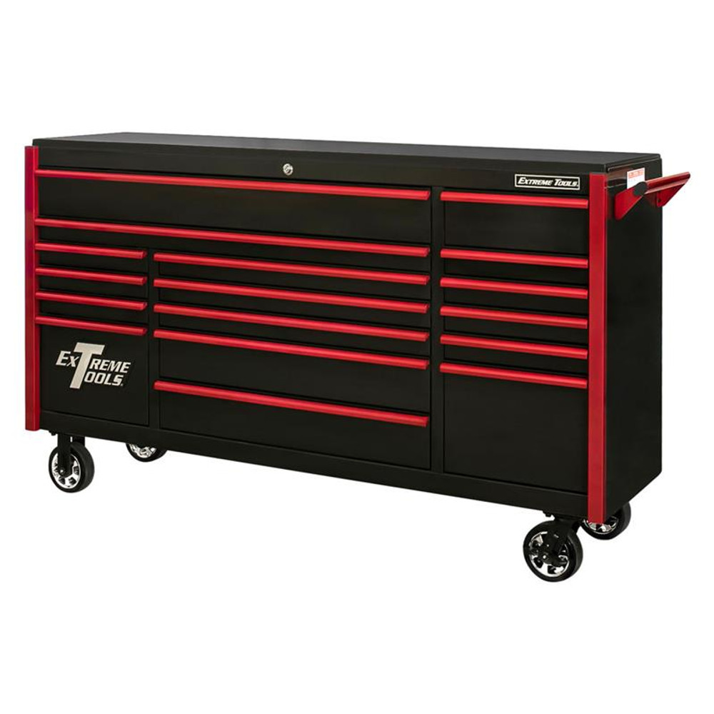 Extreme Tools 72" DX Series 17-Drawer Roller Cabinet - Black w/Red Drawer Pulls