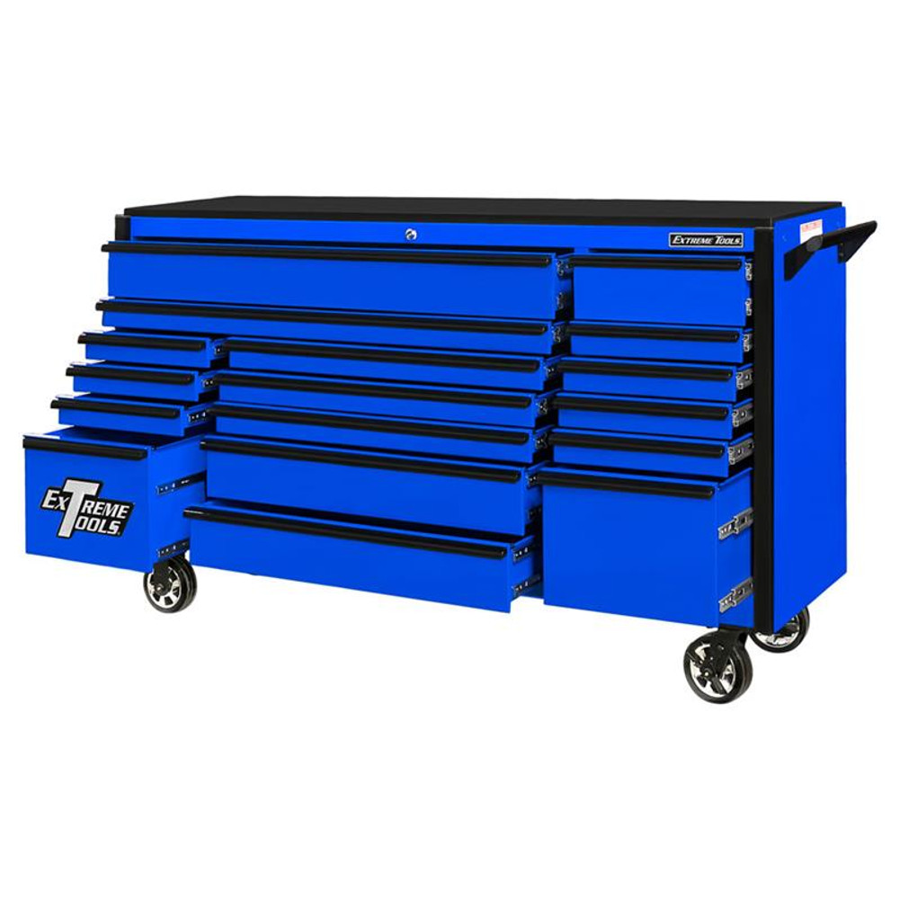 Extreme Tools 72" DX Series 17-Drawer Roller Cabinet - Blue w/Black Drawer Pulls Extreme Tools 72" DX Series 17-Drawer Roller Cabinet - Blue w/Black Drawer Pulls