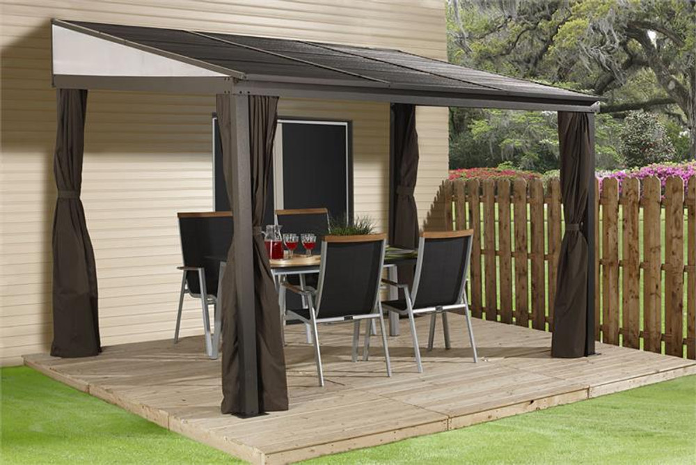 Sojag Portland 10x14 Wall-Mounted Hardtop Gazebo with Mosquito Netting, Privacy Curtains